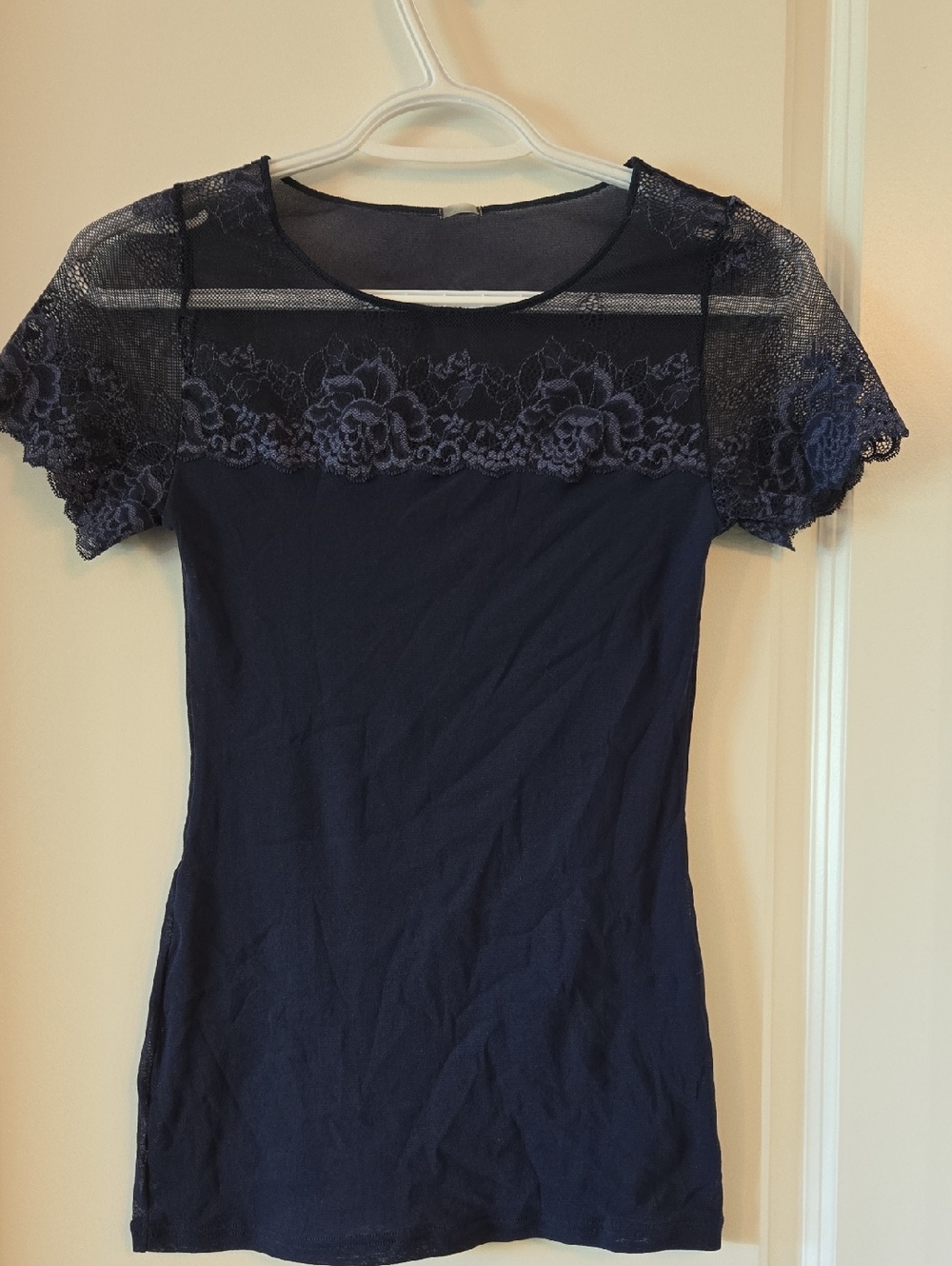 Lace Yoke Navy Short Sleeve Tee